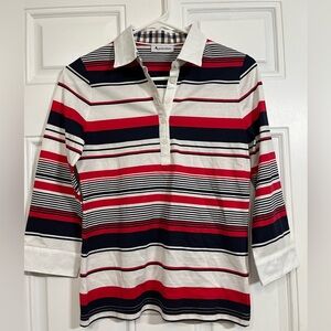 Aquascutum Striped Polo Shirt Women’s Small Red White Navy 3/4 Sleeve